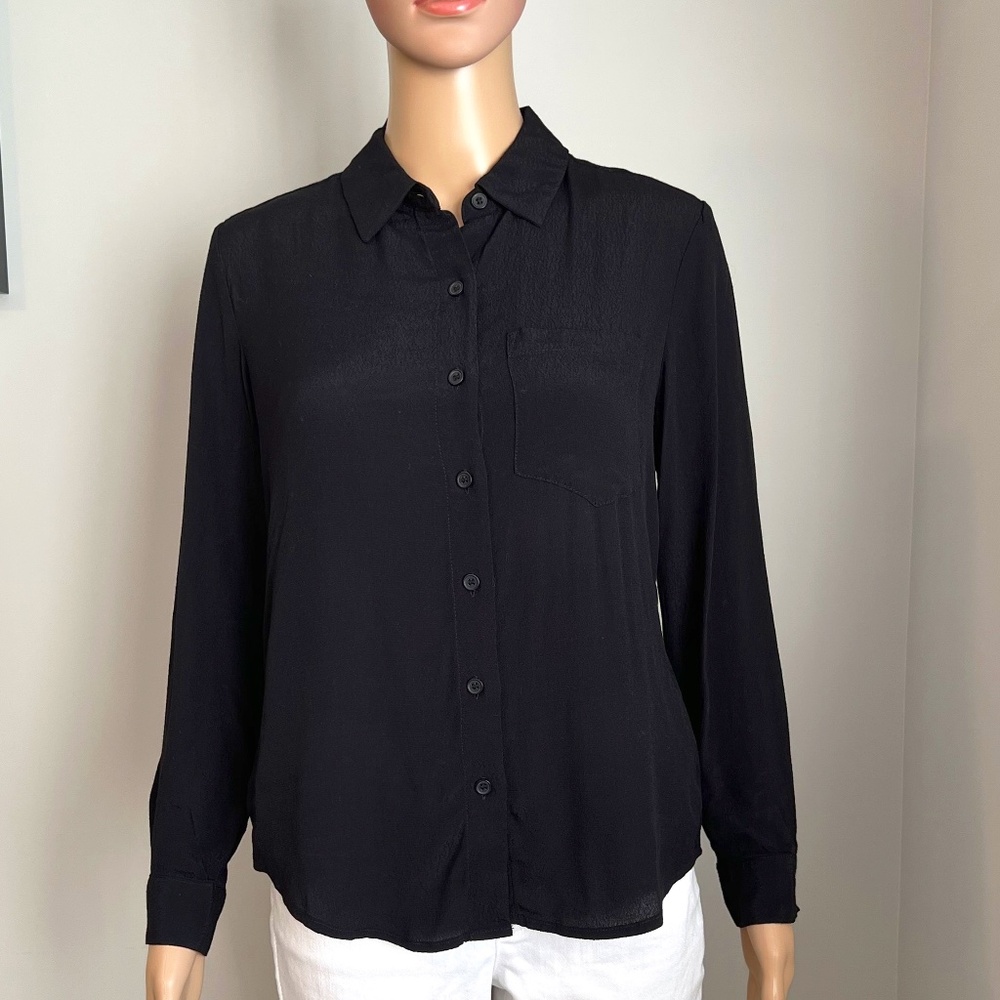 Lord & Taylor Long Sleeve Button Down Pocket Viscose Shirt Black Petite Small
